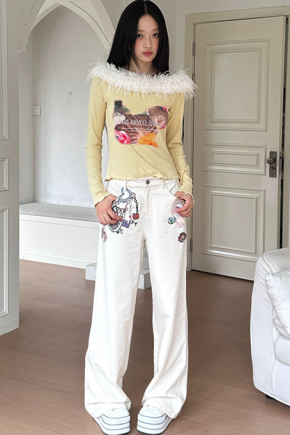 Long Sleeve Cat Print Furry Top