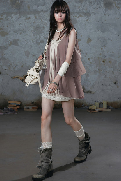 Ruffled Rivet Tassel Cake Camisole Dress