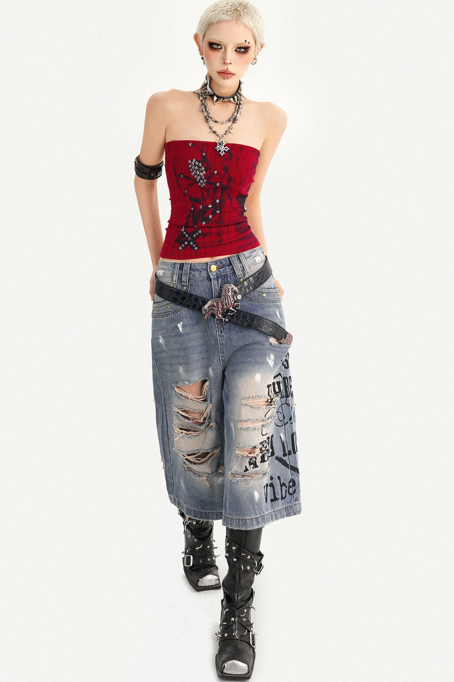 Distressed Letter Print Wide Leg Denim Pants
