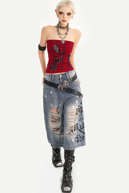 Distressed Letter Print Wide Leg Denim Pants