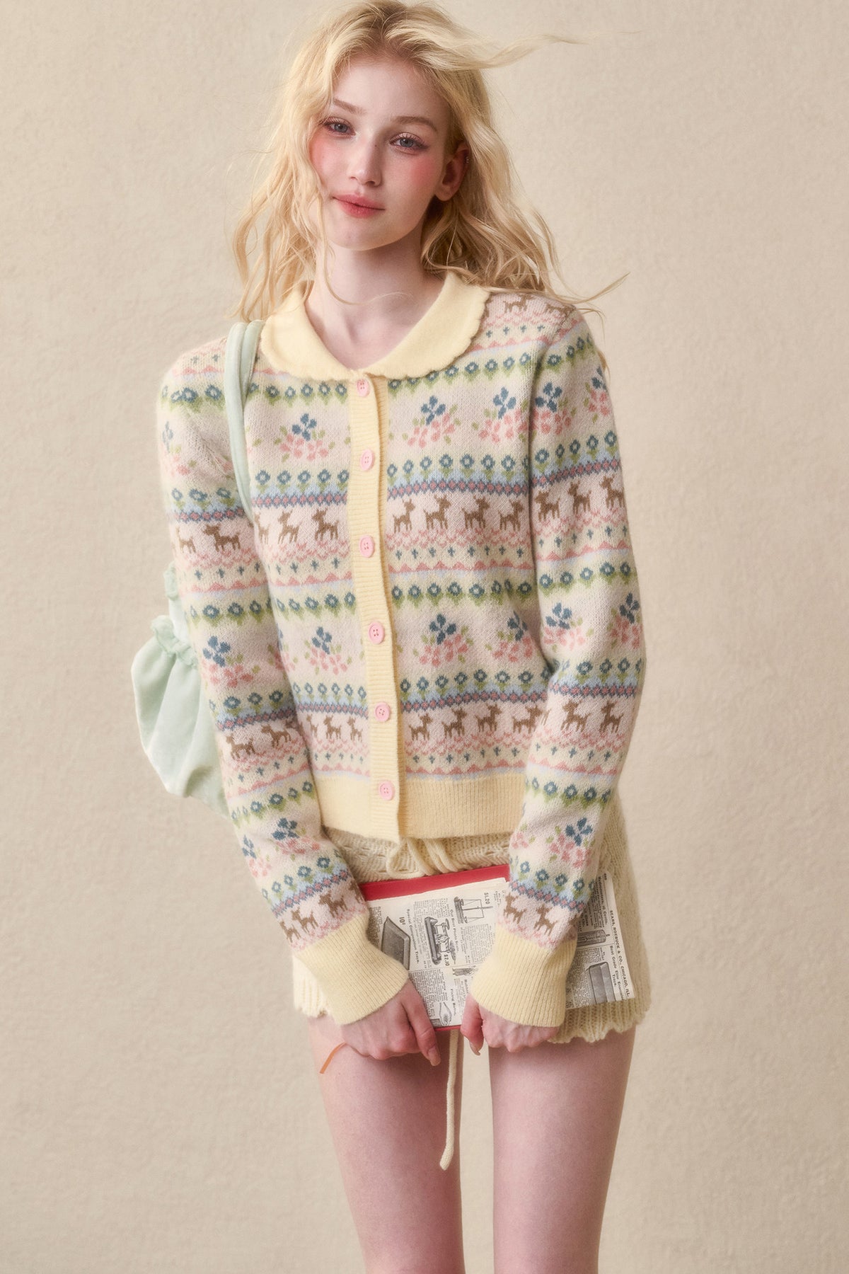 Reindeer Fair Isle Lace Trim Cardigan Top