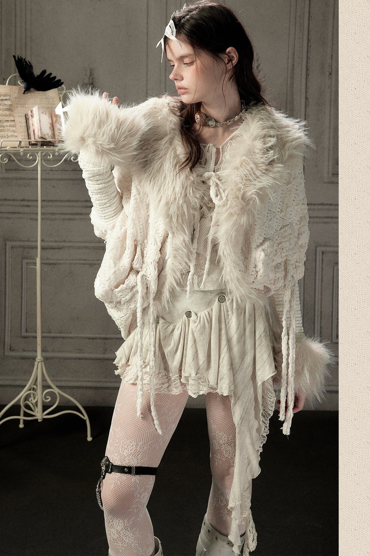 Beige Fur Collar Batwing Knit Jacket