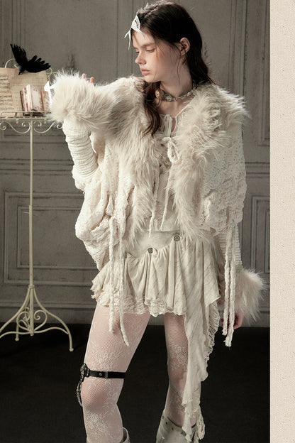 Beige Fur Collar Batwing Knit Jacket