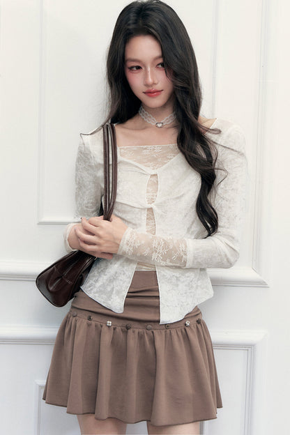 Misty Twisted Hollow Lace Spliced T-Shirt and Skirt Set-Up