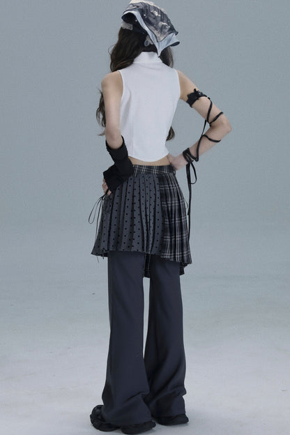 Layered Plaid Skirt Pants