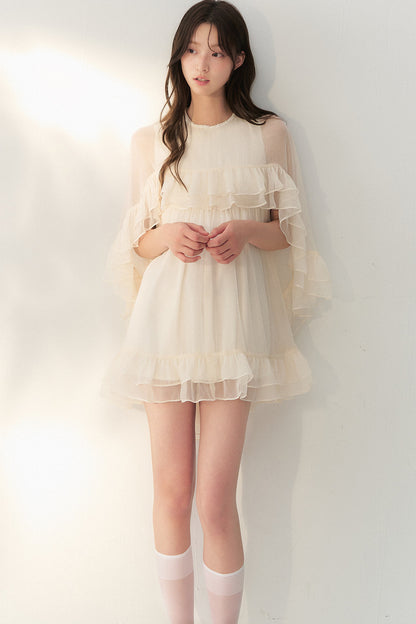 Beige Tulle Cape Ruffle Dress