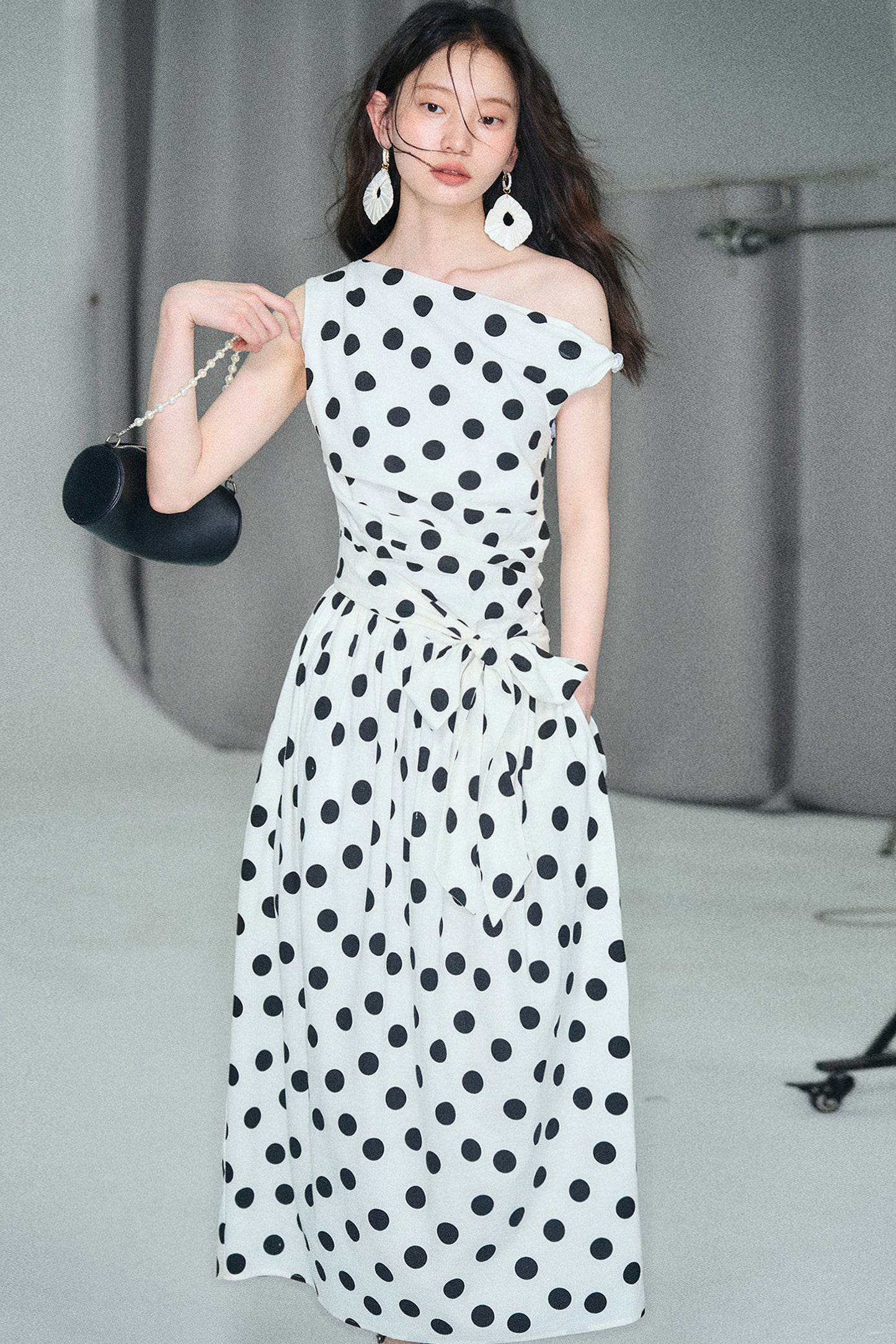 Off-Shoulder Polka Dot Twist Tie Dress