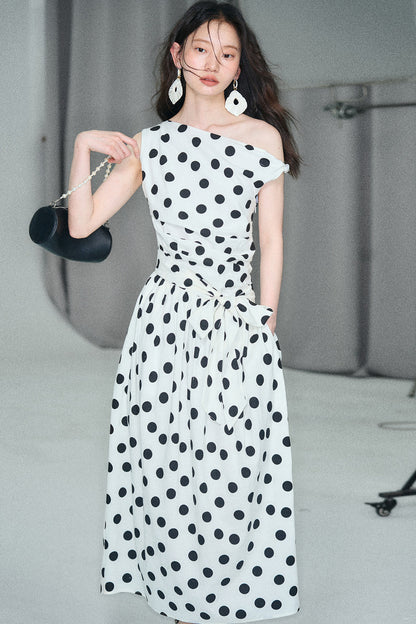 Off-Shoulder Polka Dot Twist Tie Dress