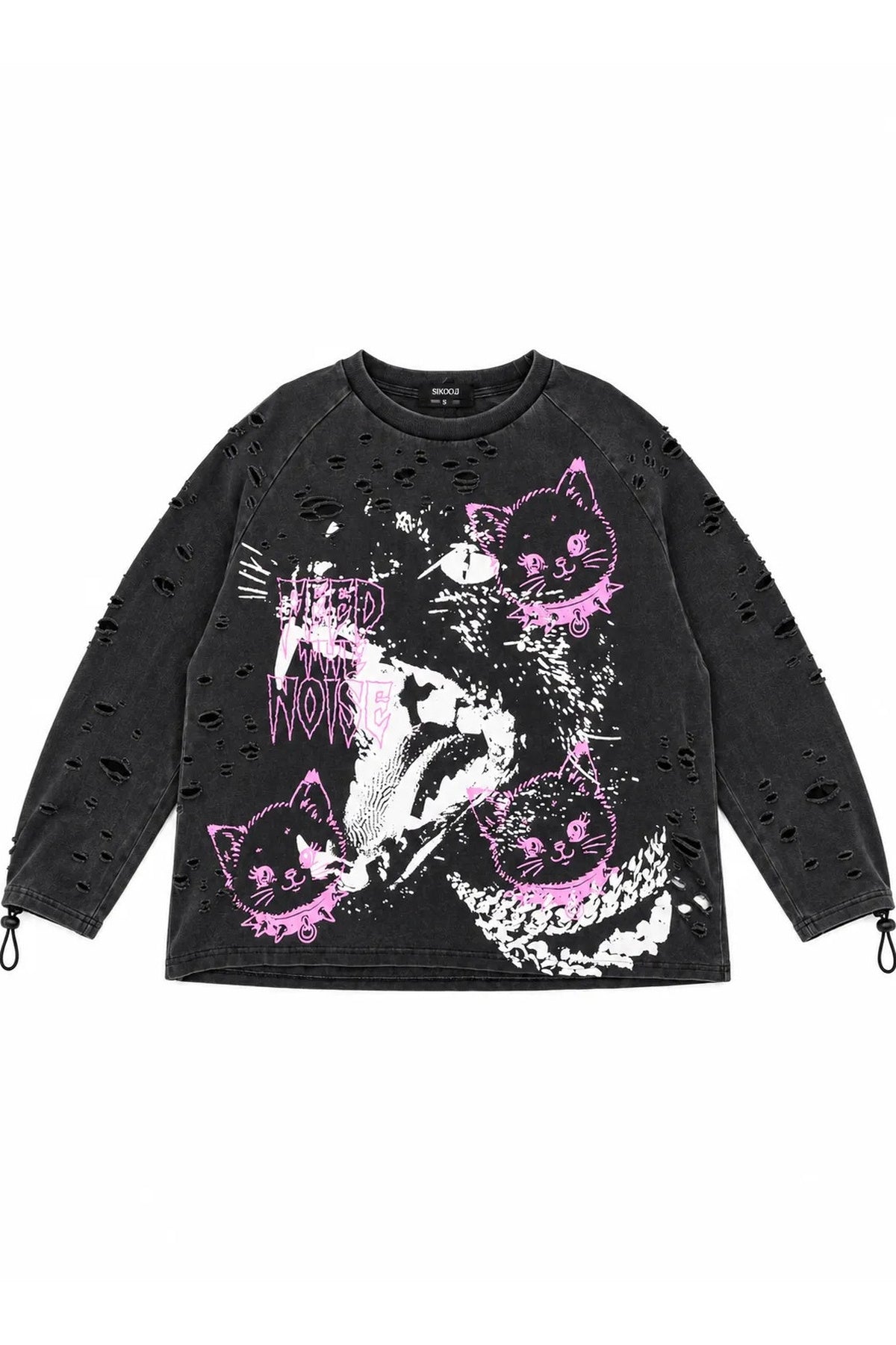Pink Cat Washed Ripped Cuffs Long-Sleeve T-Shirt