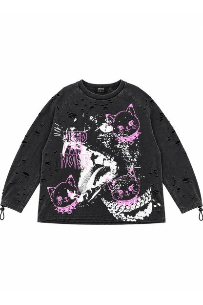 Pink Cat Washed Ripped Cuffs Long-Sleeve T-Shirt