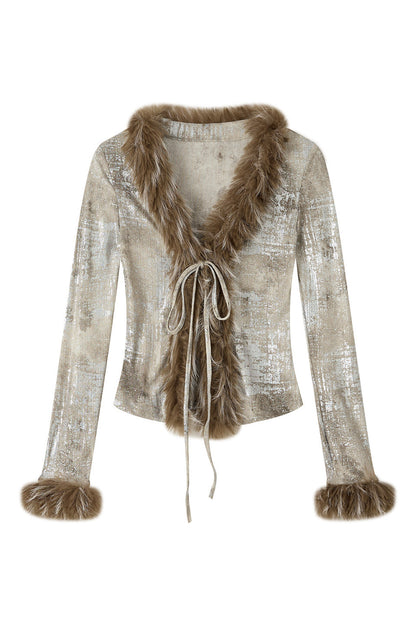 Fur Collar V-Neck Long-Sleeve T-Shirt