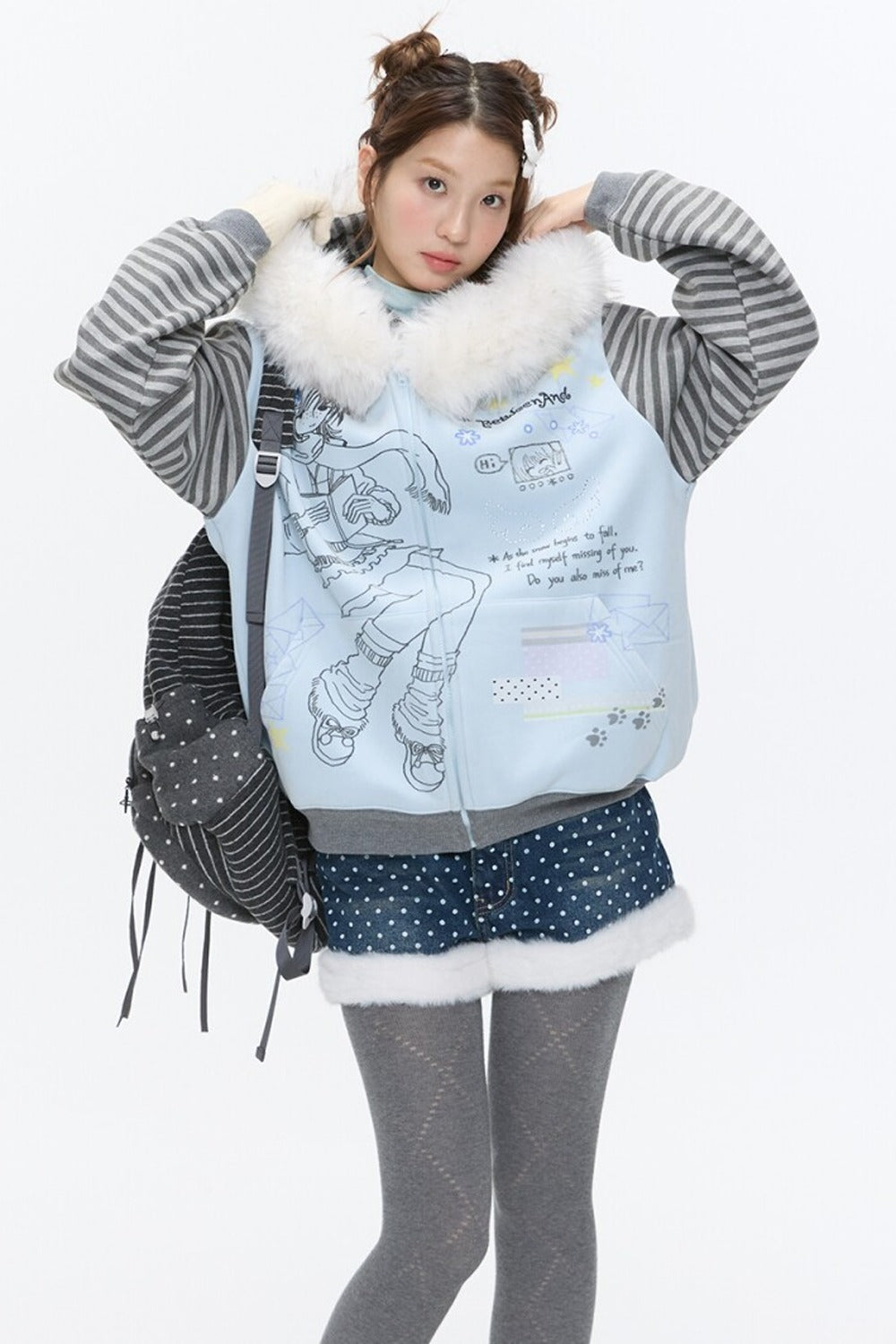 Striped Raglan Fur Collar Jacket