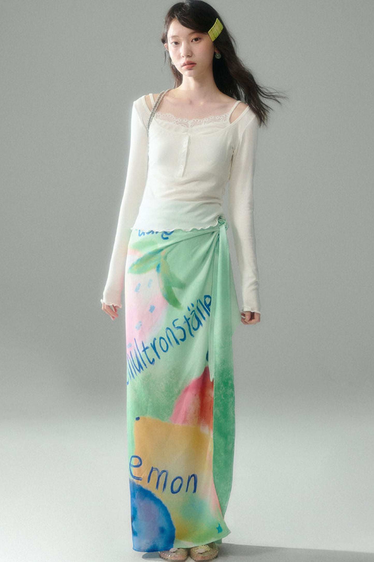 Hand-Painted Fruit Print T-Shirt and Wrap Skirt Set-Up