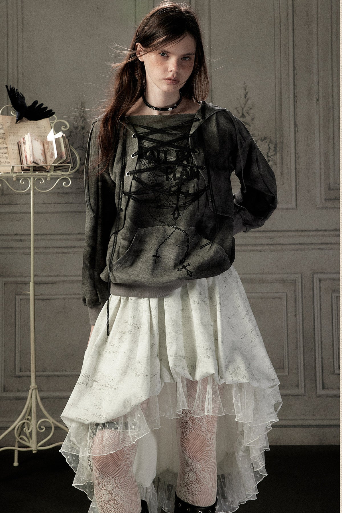 Distressed Drawstring Cross Print Hooded Pullover Sweatshirt