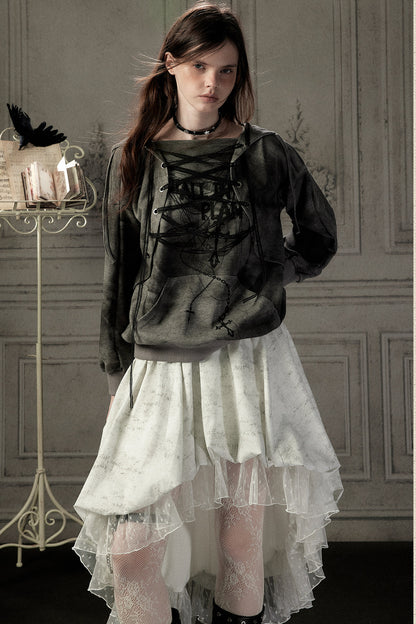 Distressed Drawstring Cross Print Hooded Pullover Sweatshirt