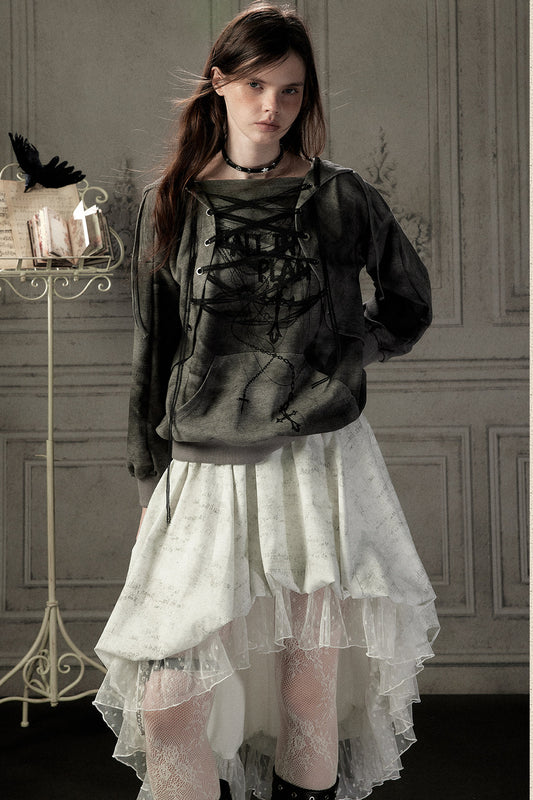 Distressed Drawstring Cross Print Hooded Pullover Sweatshirt
