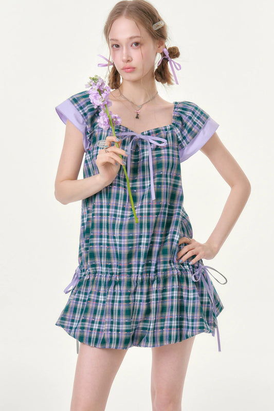 Purple Plaid Flutter Dress