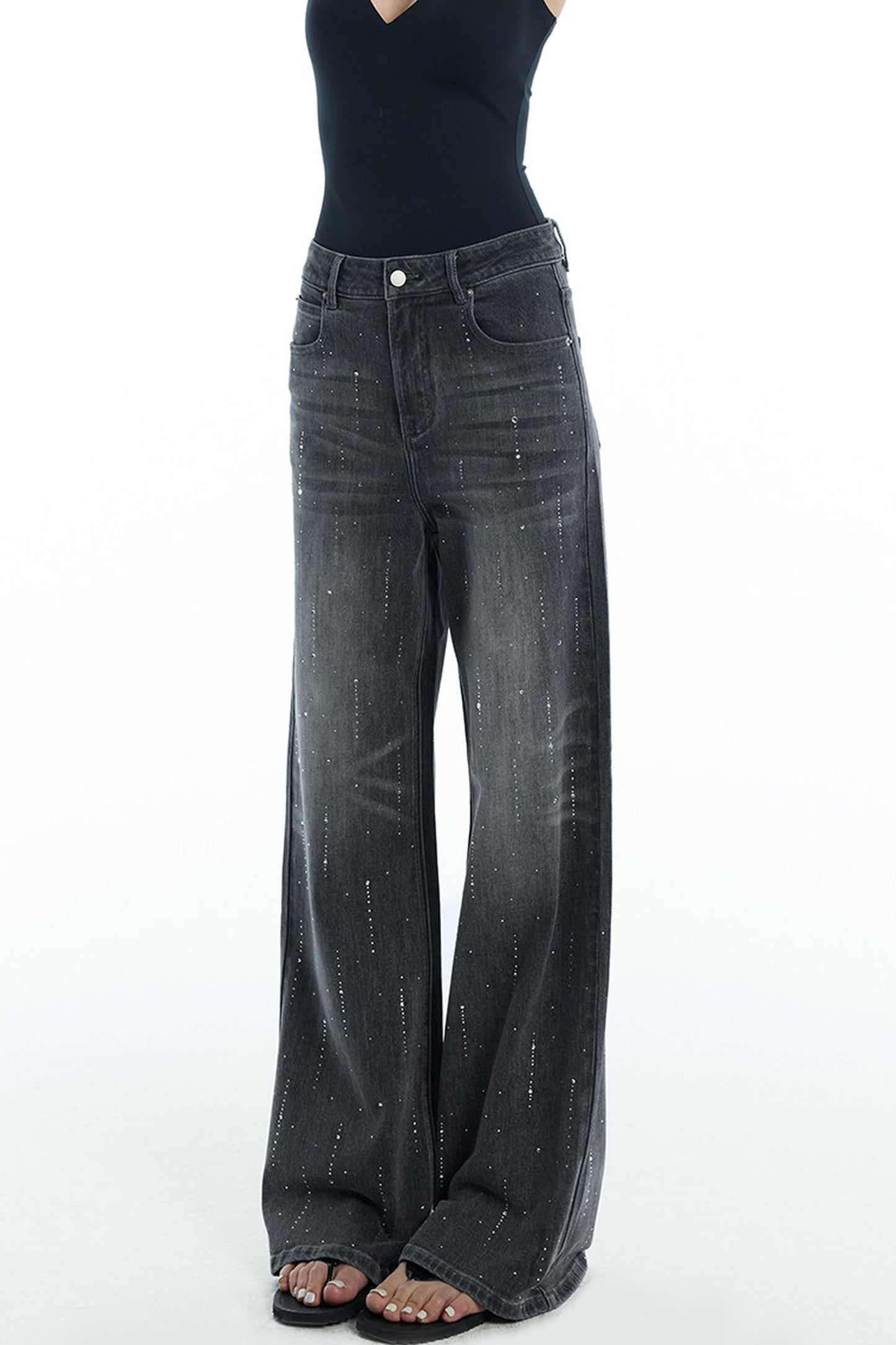 Scattered Rhinestone Wide-Leg Jeans