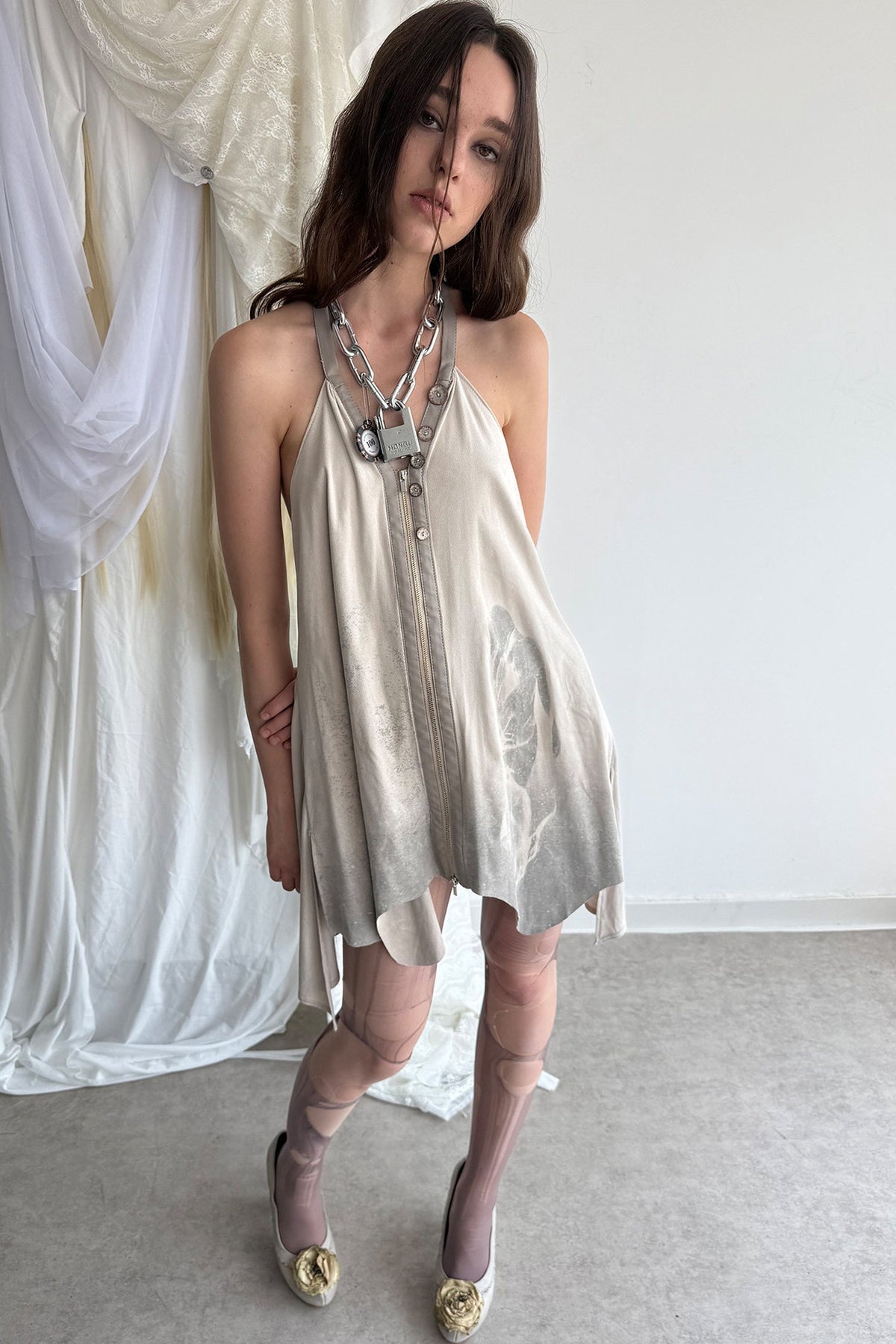 Printed Faux Suede Halter Zipper Backless Dress