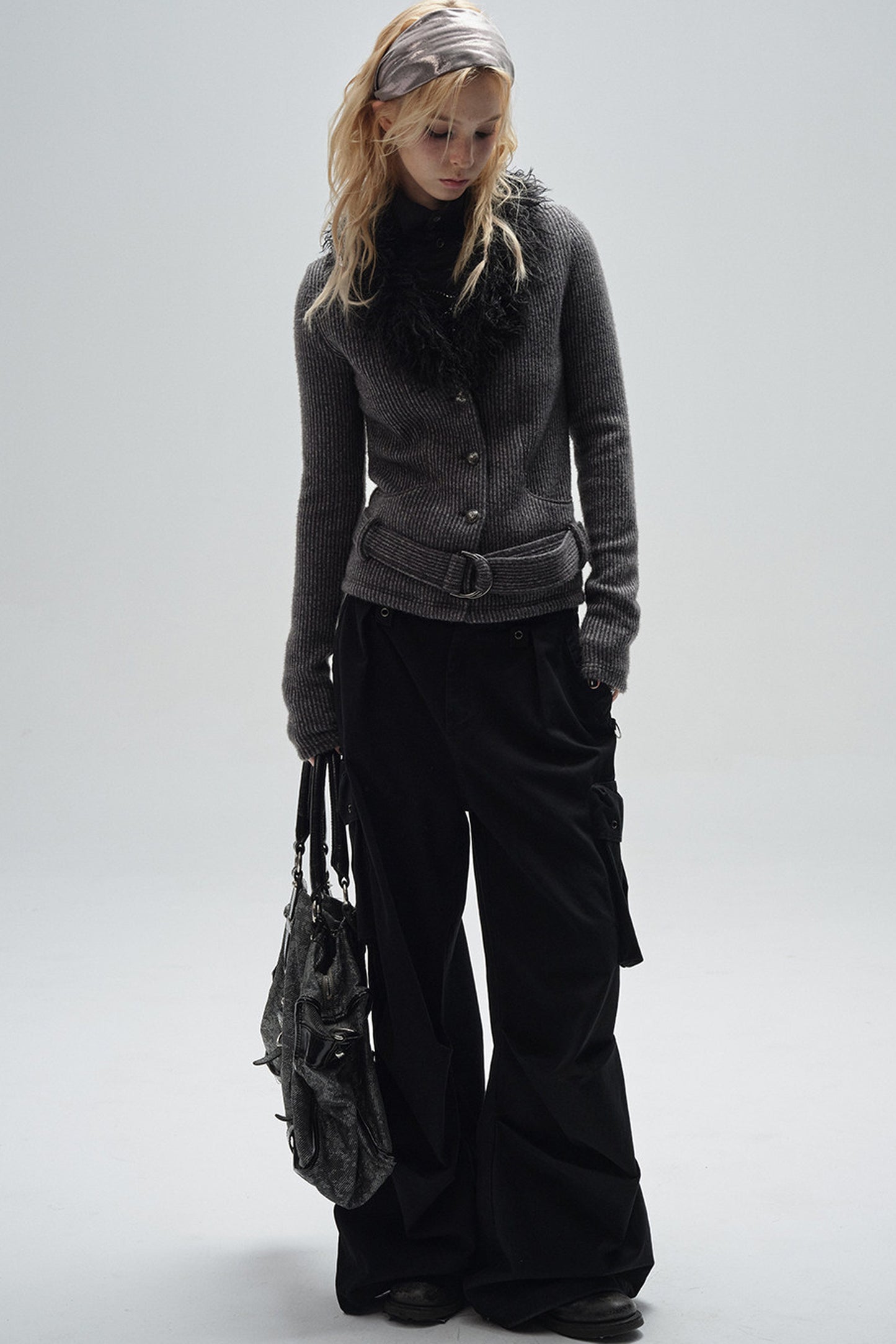 Fur Collar V-Neck Textured Knit Cardigan