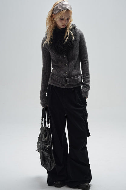 Fur Collar V-Neck Textured Knit Cardigan