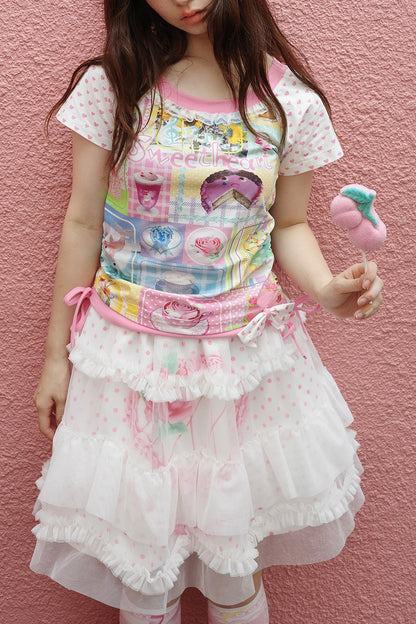 Double-Layer Double-Sided Cake Print White Gauze Skirt