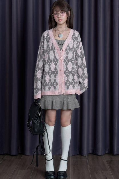 Ensemble cardigan en maille argyle rose et jupe