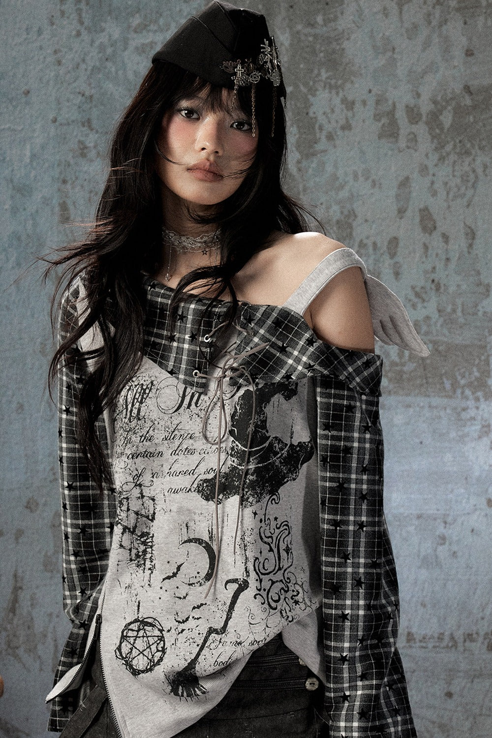 Plaid Wing Off-Shoulder Long-Sleeve T-Shirt
