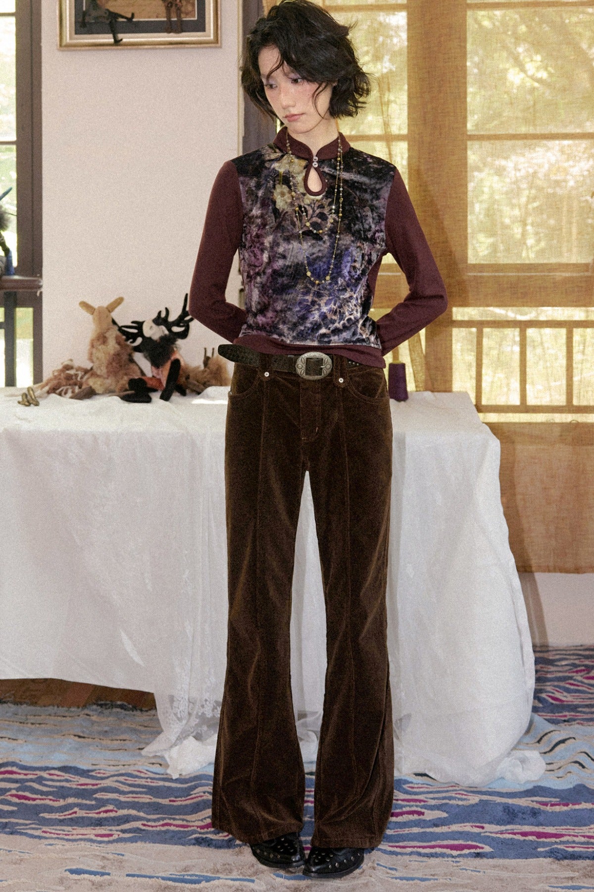 Mandarin Collar Velvet Long-Sleeve T-Shirt