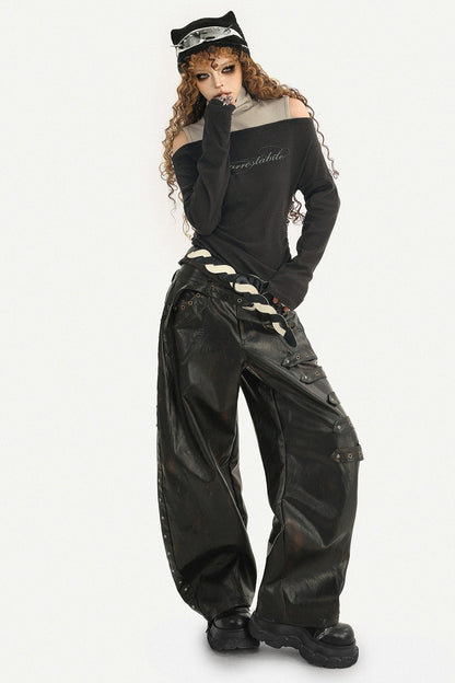 Rivet-Decorated Wide-Leg Leather Pants