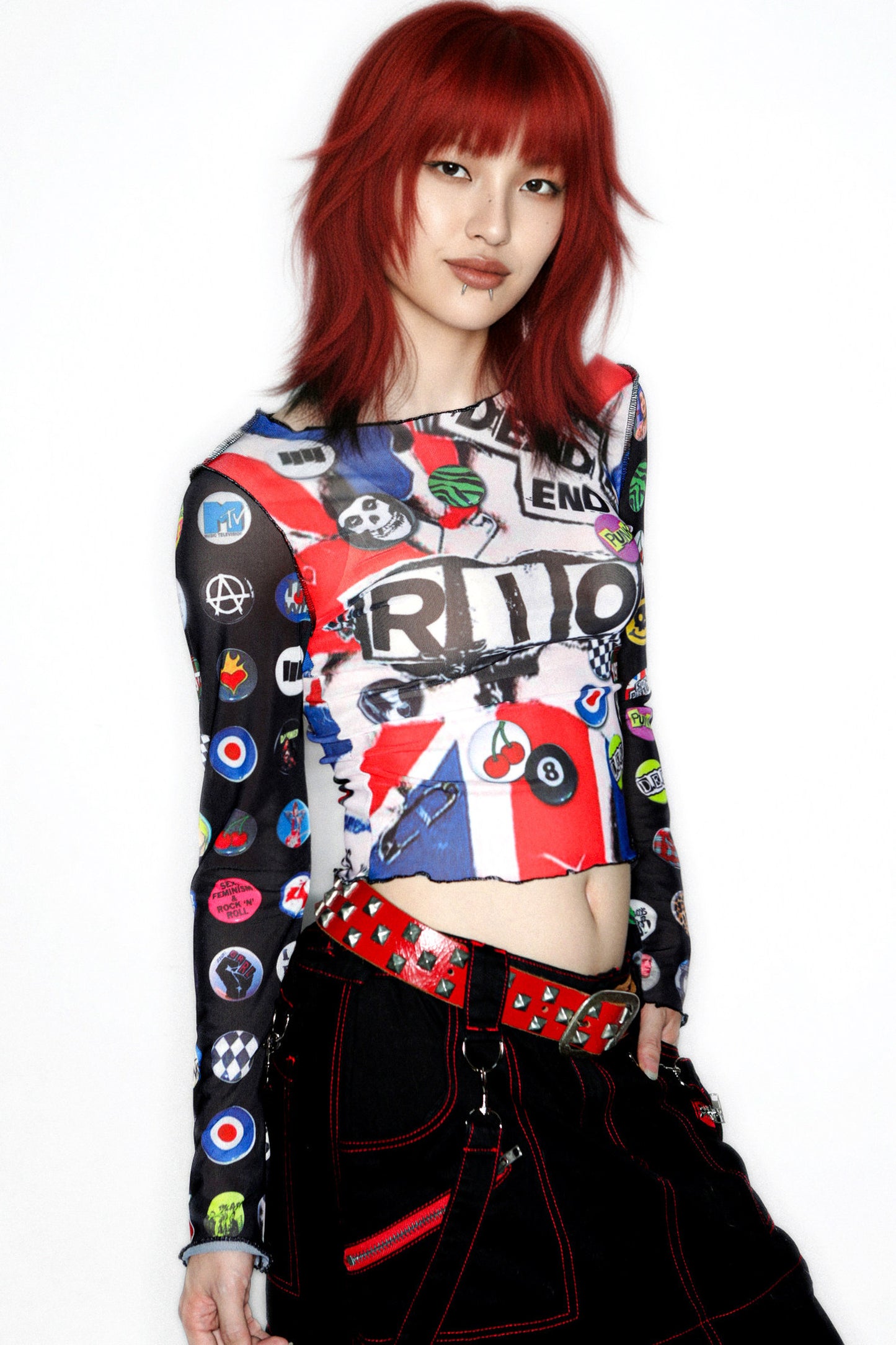 Y2K Graphic Long Sleeve Mesh Top