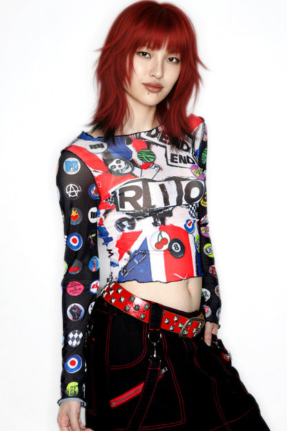 Y2K Graphic Long Sleeve Mesh Top
