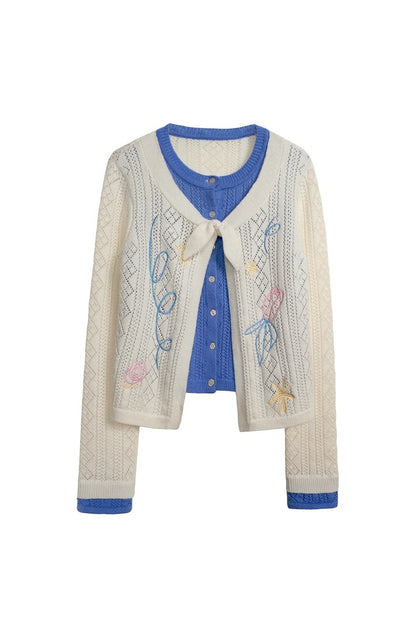 Two-Piece Wool-Blend Tulip Embroidery Knit Cardigan And Skirt Set-Up