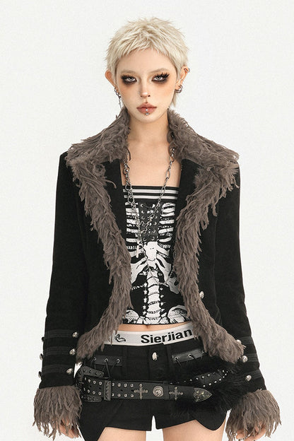 Retro Punk Black Fur Collar Jacket