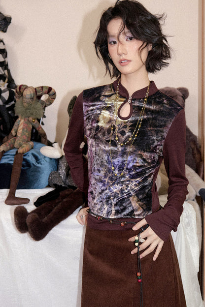 Mandarin Collar Velvet Long-Sleeve T-Shirt