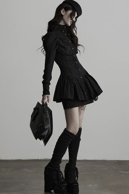 Jacquard Pleated Skirt-Style Hem Long-Sleeve Shirt