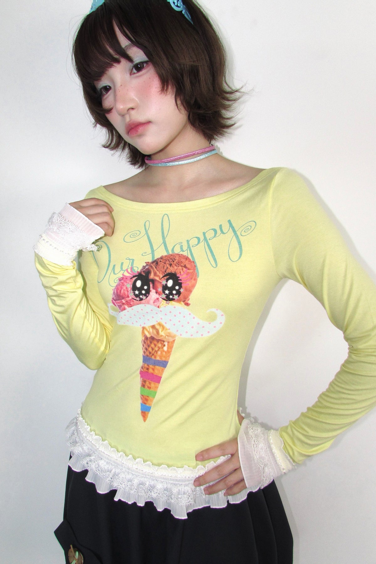 Y2K Printed Boat Neck Lace Top