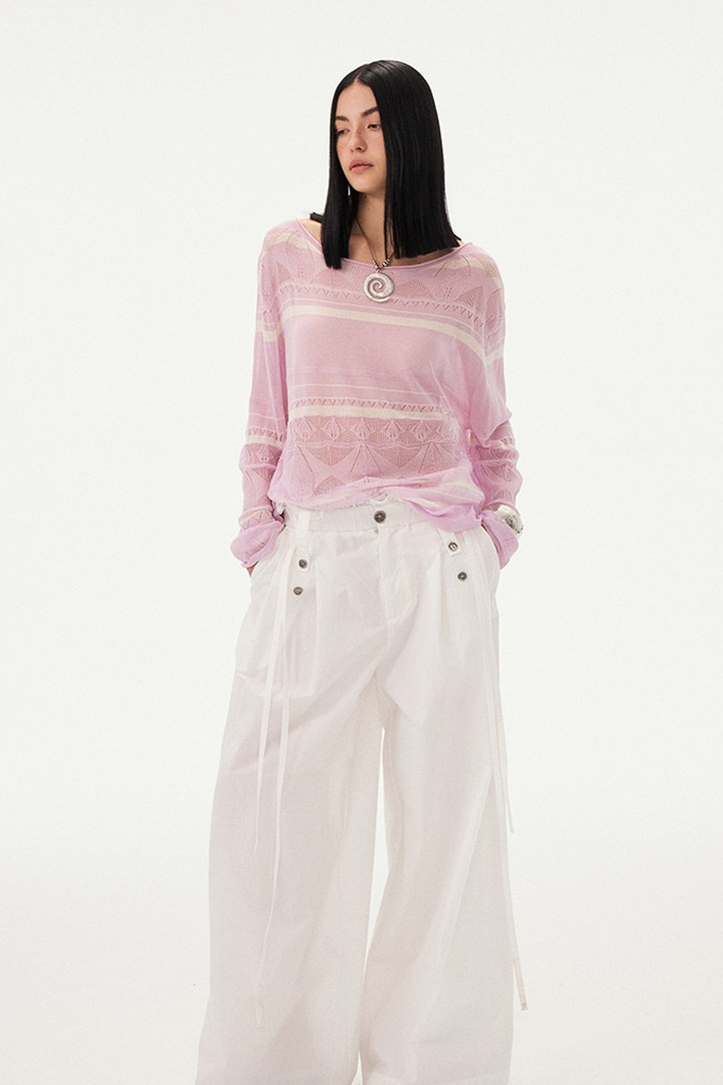 Pink Knit Hollow-Out Crochet-Style Pullover Top