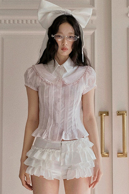 Chemise rose plissée à col Claudine