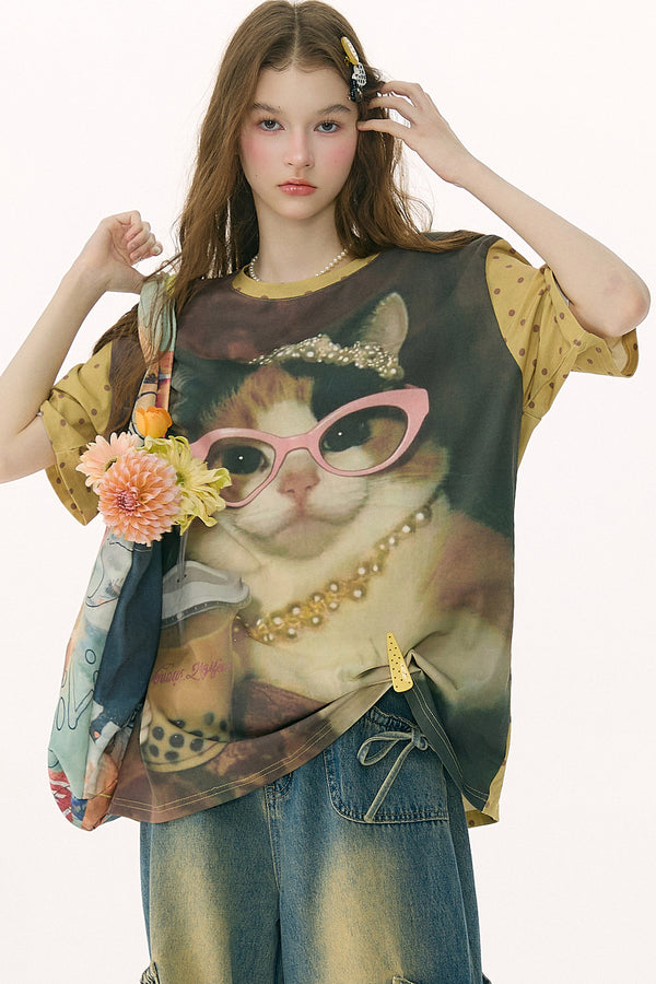 Cat Print Loose T-Shirt