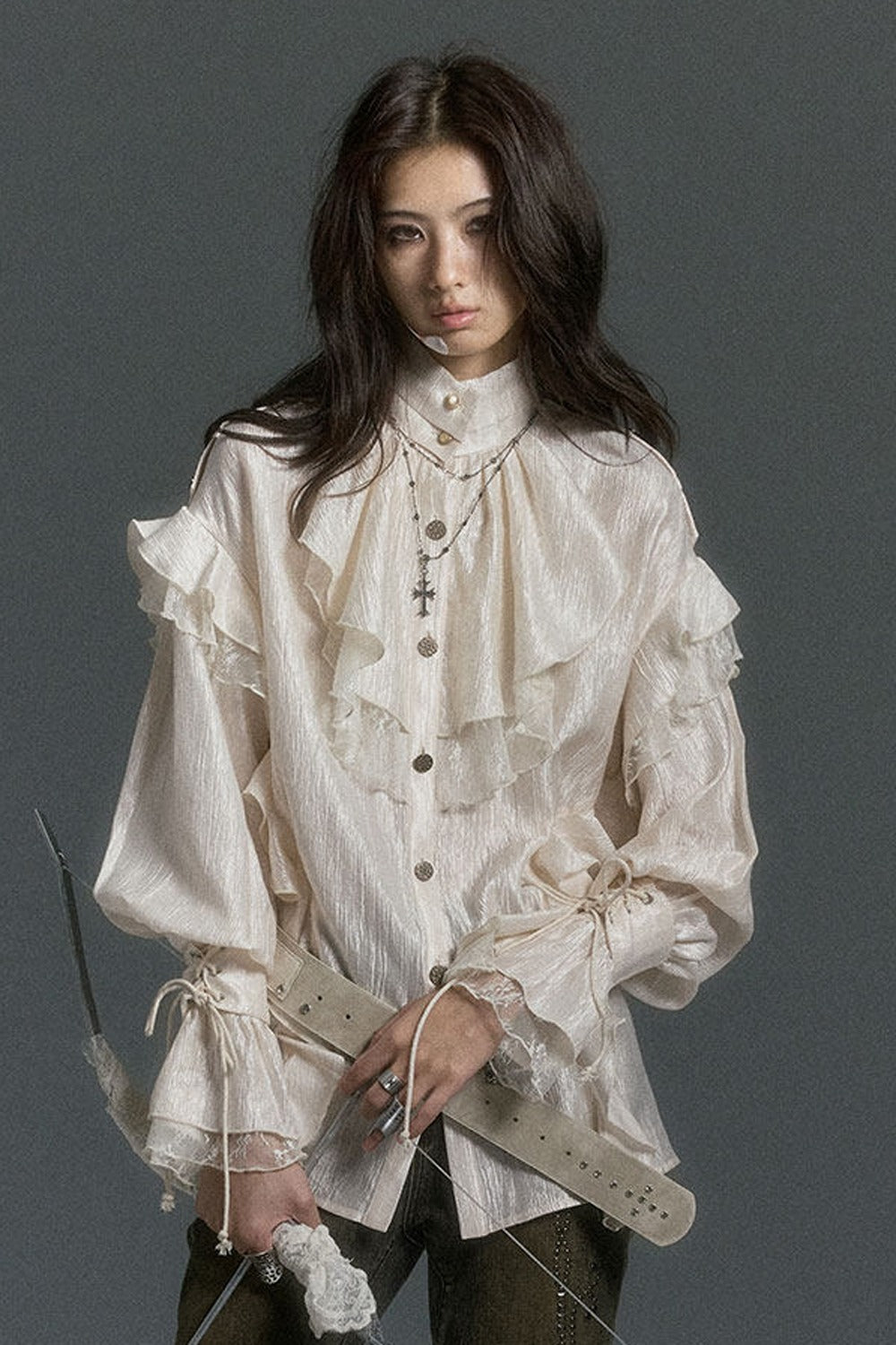 High Collar Ruffle Acetate Shirt