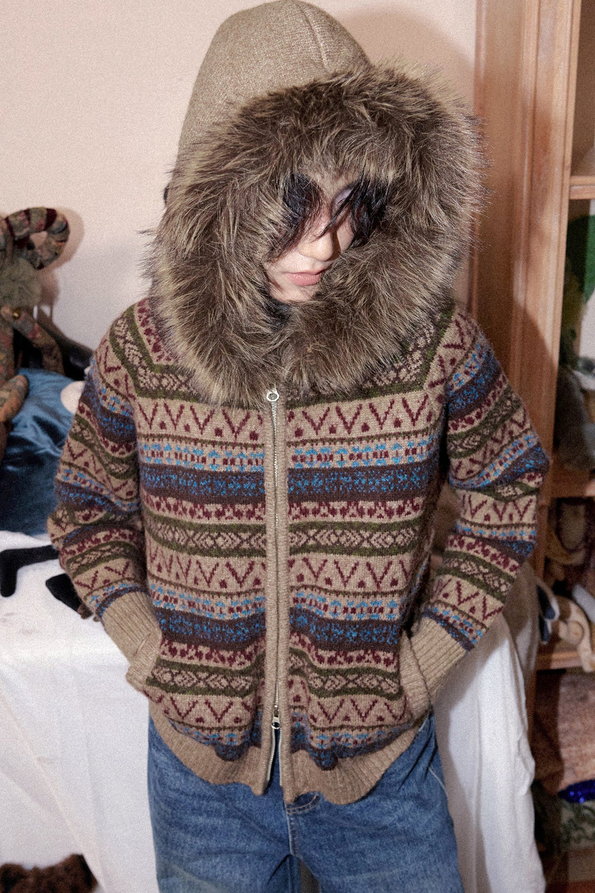 Hooded Fair Isle Wool Cardigan