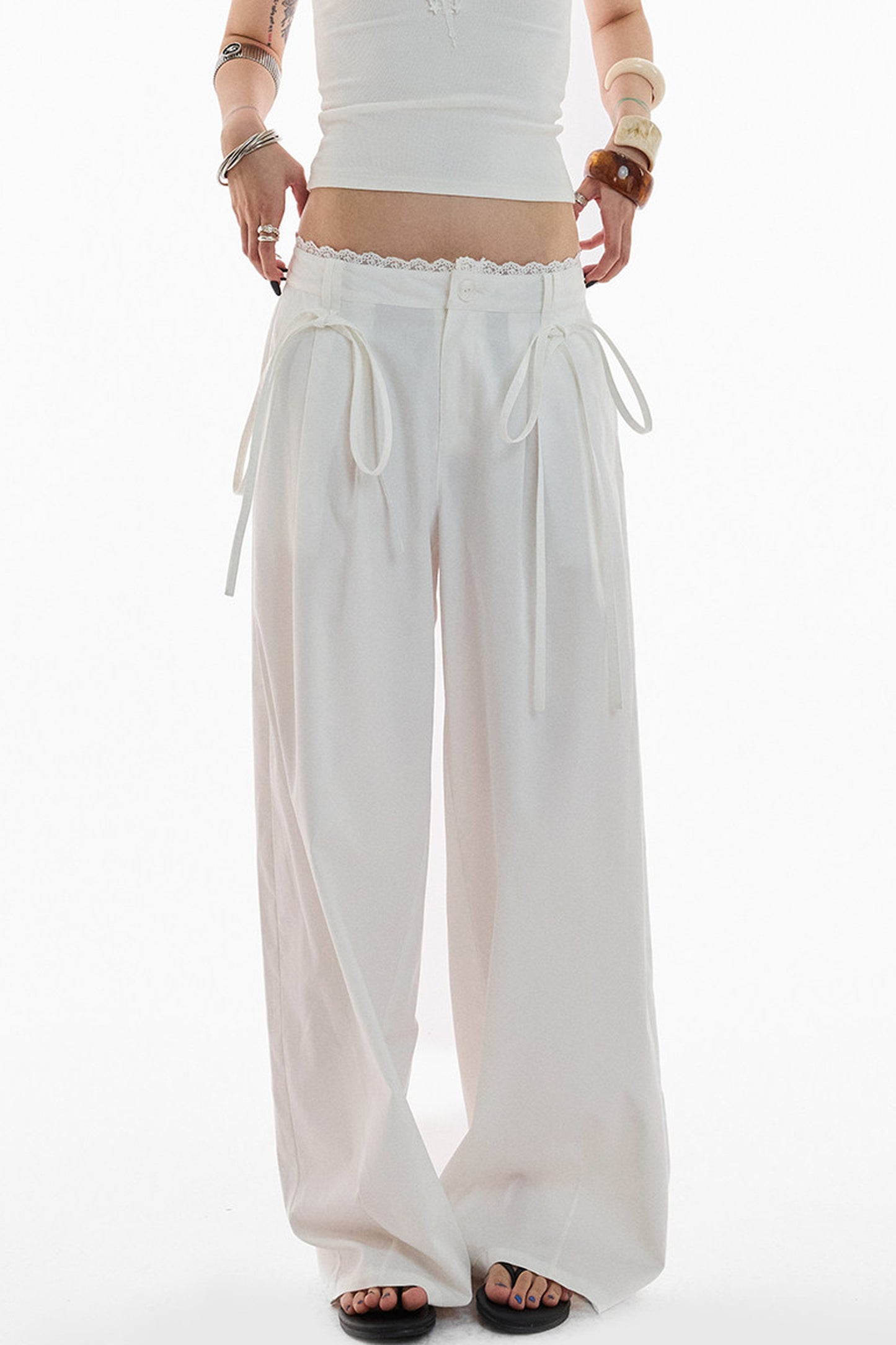 Lace Trim Pima Cotton Wide Leg Pants