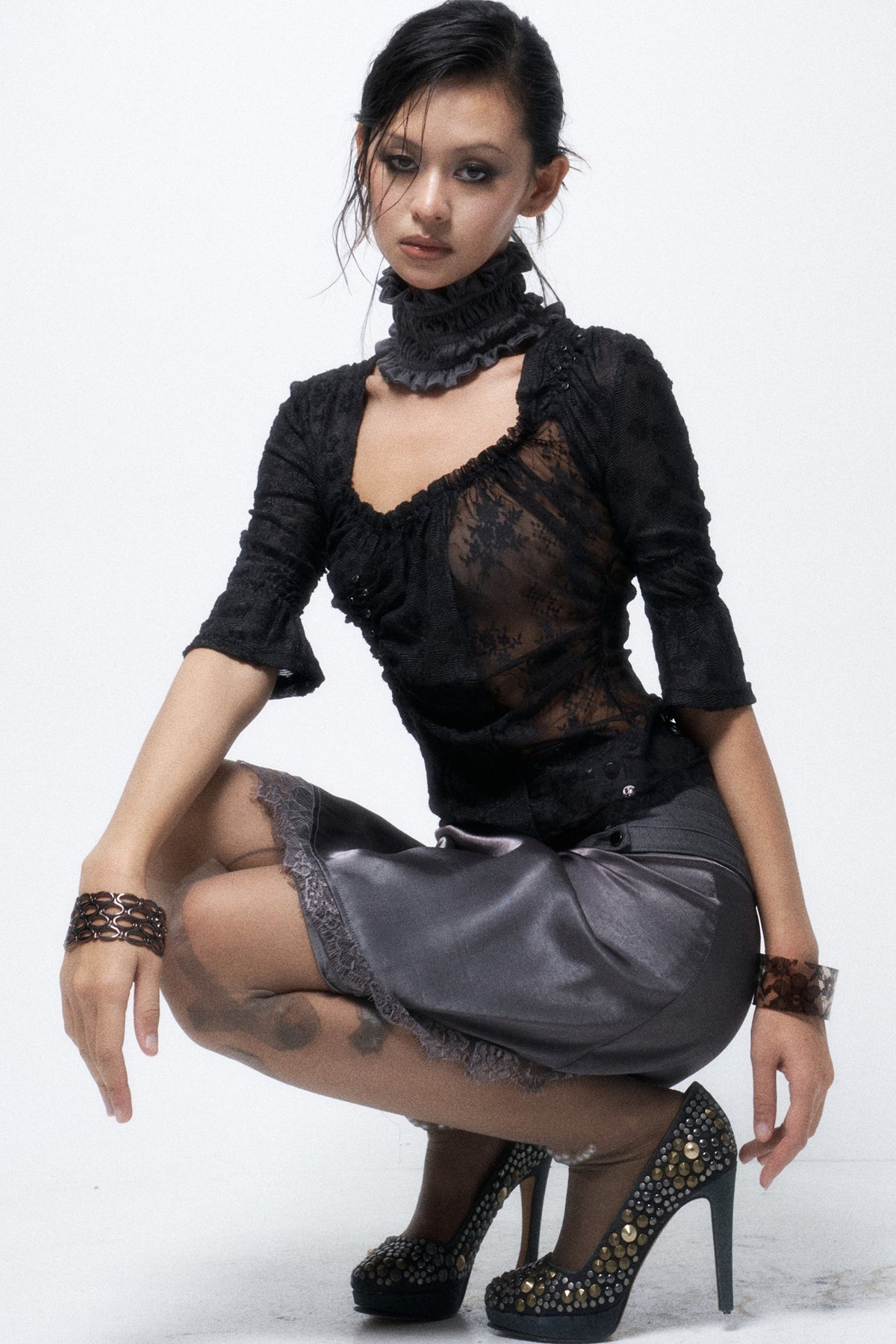 Multi-Layered Rivet Patchwork Satin Skirt