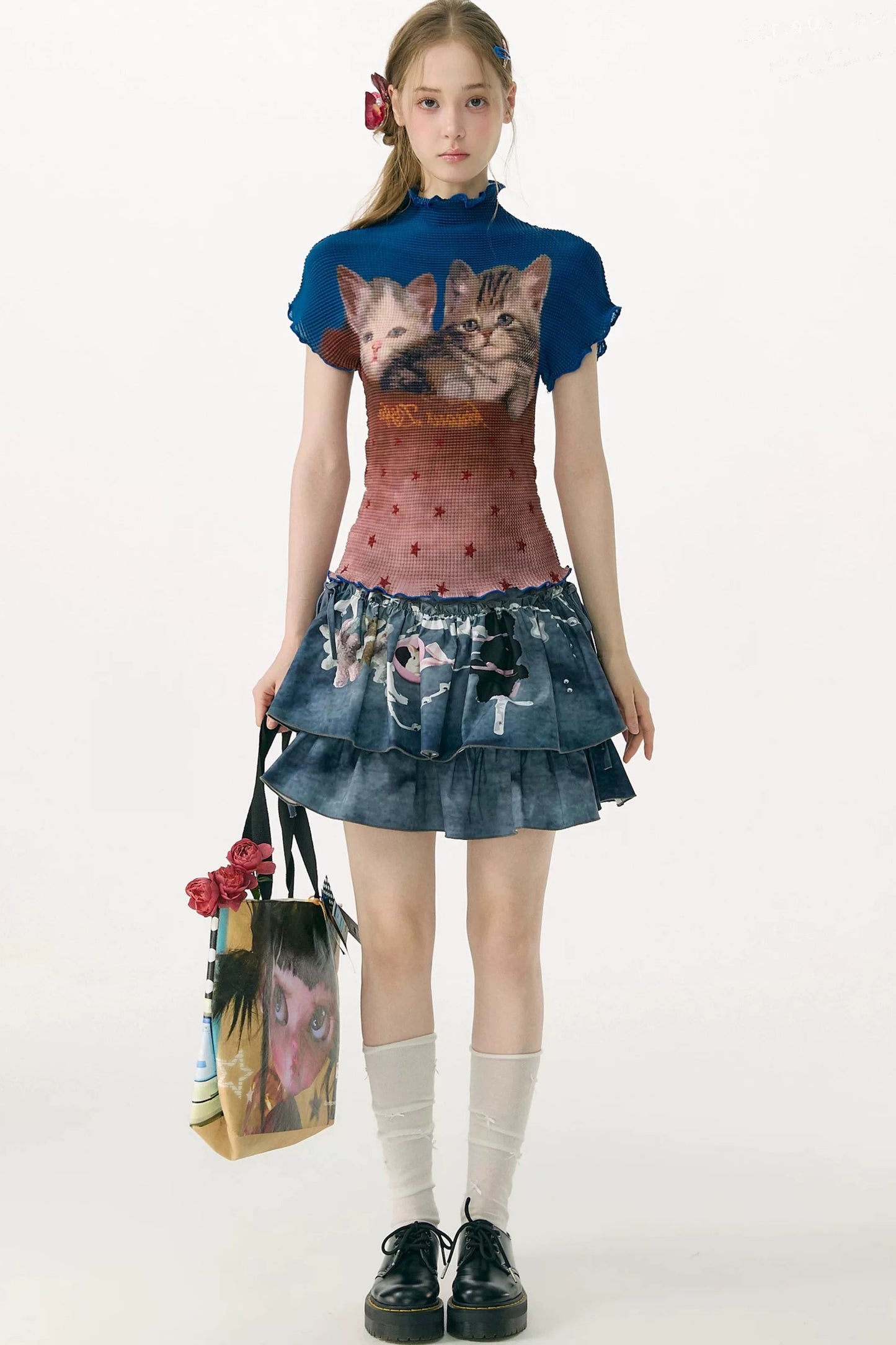 Color-Blocked Cat Print Pleated T-Shirt