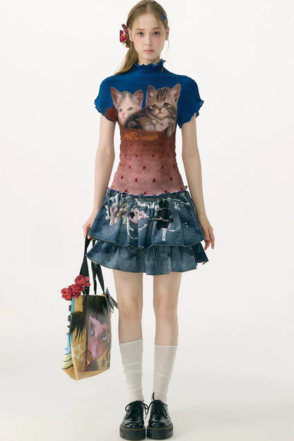Color-Blocked Cat Print Pleated T-Shirt