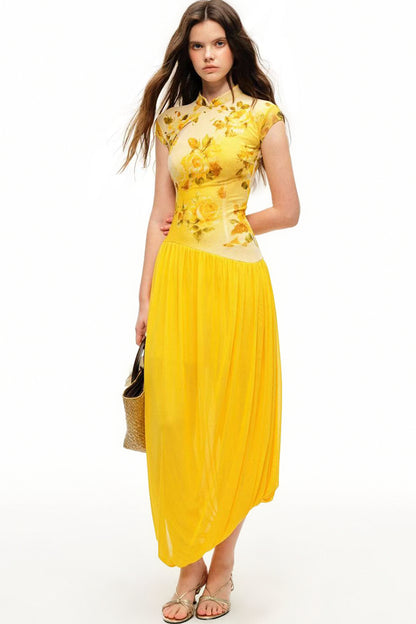 Yellow Rose Print Mesh Qipao Long Dress