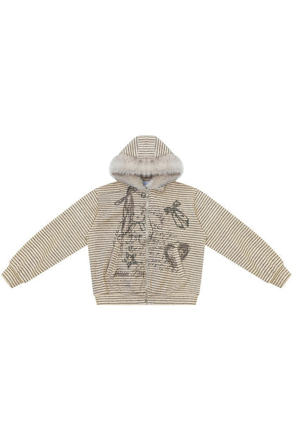 Fur Collar Hooded Striped Graffiti Jacket