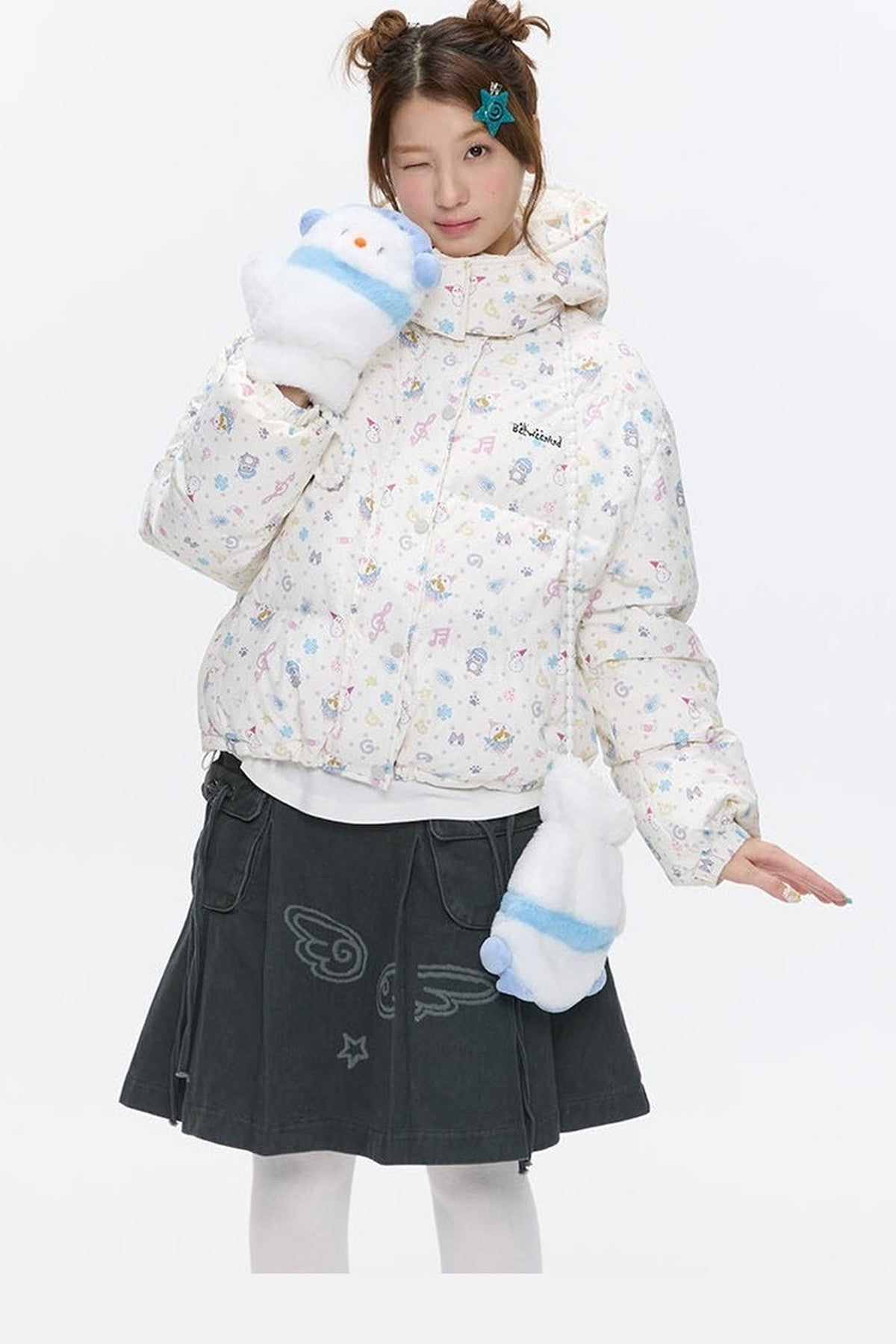 Beige Full Print Hooded Down Jacket