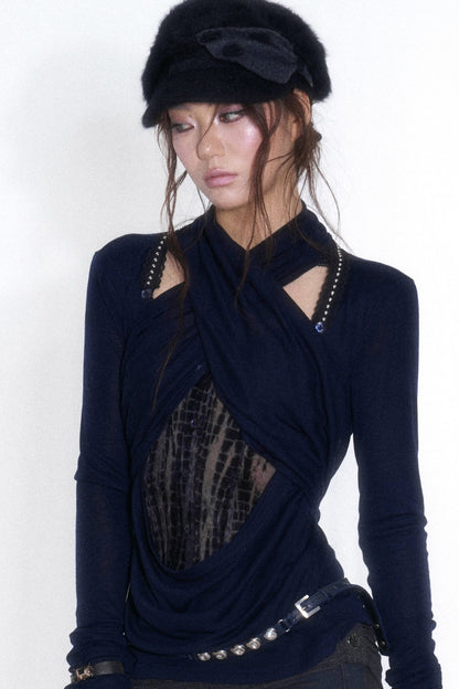 Cross-Neck Tencel Knit Mesh Spliced Long-Sleeved Top